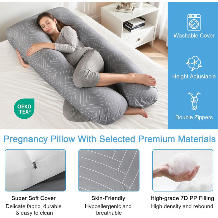 Тілоподушка SHANNA для сну на боці, U-подібна, вагітним, знімний чохол, 70 x 145 см (Сірий смугастий)
