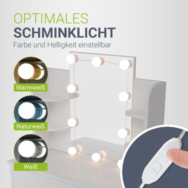 Туалетний столик Juskys Zoey з LED підсвіткою, дзеркалом, шухлядою, 3 відділеннями та шафкою, 90x38x137 см, білий, дерев'яний косметичний стіл
