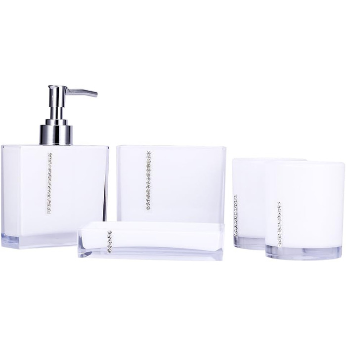 5-Piece Bathroom Accessories Set includes emulsion bottle, toothbrush holder, 2 rinsing cups, soap dish, plastic gift bath set, white