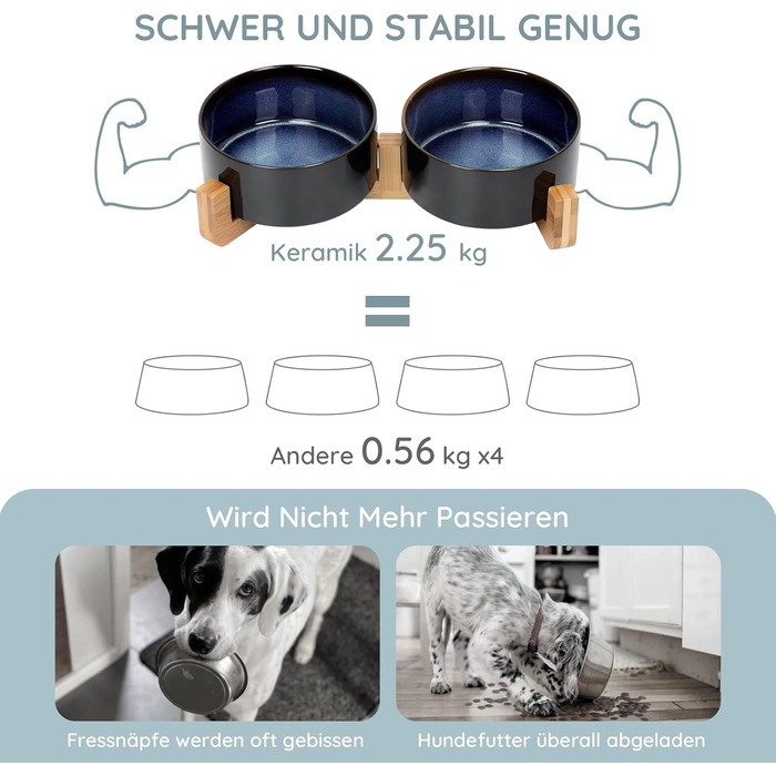 Миска для собак та котів SPUNKYJUNKY з кераміки, велика, 850 мл, піднята на бамбуковому стійці, колір «Зоряне небо»