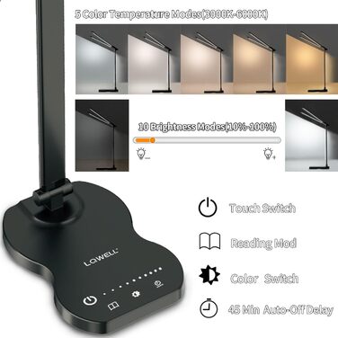 LED лампа настільна LQWELL® QM019, чорна: регулювання яскравості, 5 кольорів, 10 рівнів, USB-зарядка, сенсорне керування, пам'ять, для дітей, офісу