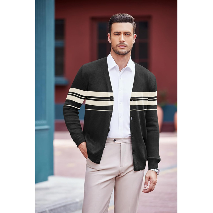 Чоловічий кардиган COOFANDY з V-подібним вирізом, легкий, повсякденний, з ґудзиками (XL, чорний у смужку)