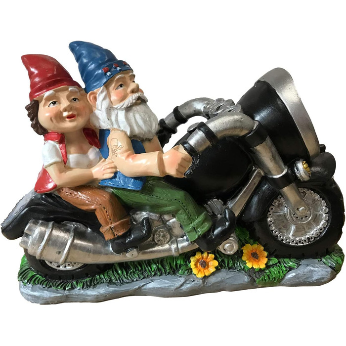 CT DISCOUNT STORE Biker Garden Gnomes Pair on Motorcycle - Outdoor Cute Figurine Motorcycle Statues, Garden Gnome Outdoor, Biker Pair in Love, Make Your House and Garden More Fun, Great Gift