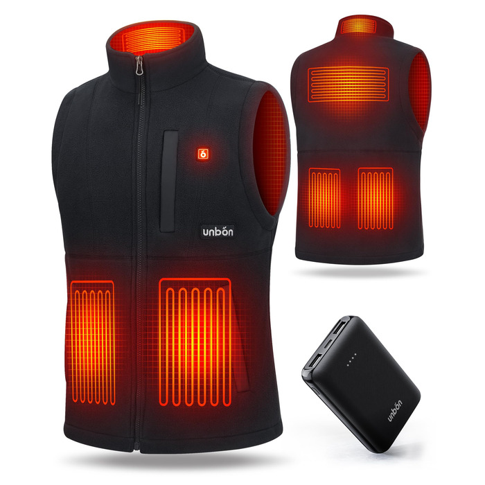 UNBON Грівальна жилетка для чоловіків, флісова жилетка з підігрівом, Powerbank 10000mAh, USB, 3 режими нагріву, 6 зон нагріву, чорний