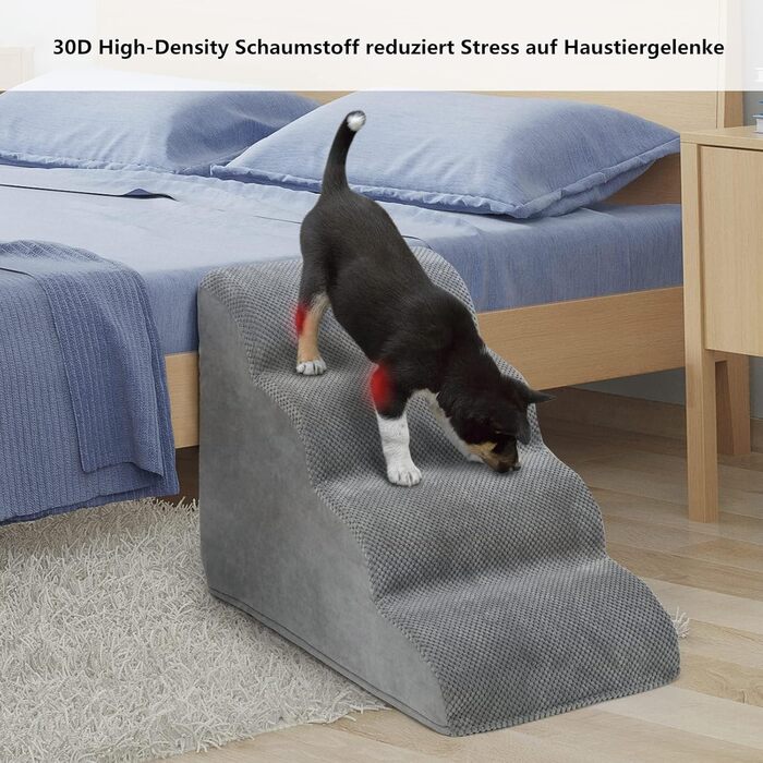 LIANTRAL Dog Stairs, 3 Steps Dog Staircase for Bed and Sofa, Made of High-Density Sponge, Cat Stairs Dog Ramp with Removable, Washable Cover and Pet Hair Remover Roller, 40 cm High (4 Steps Grey)