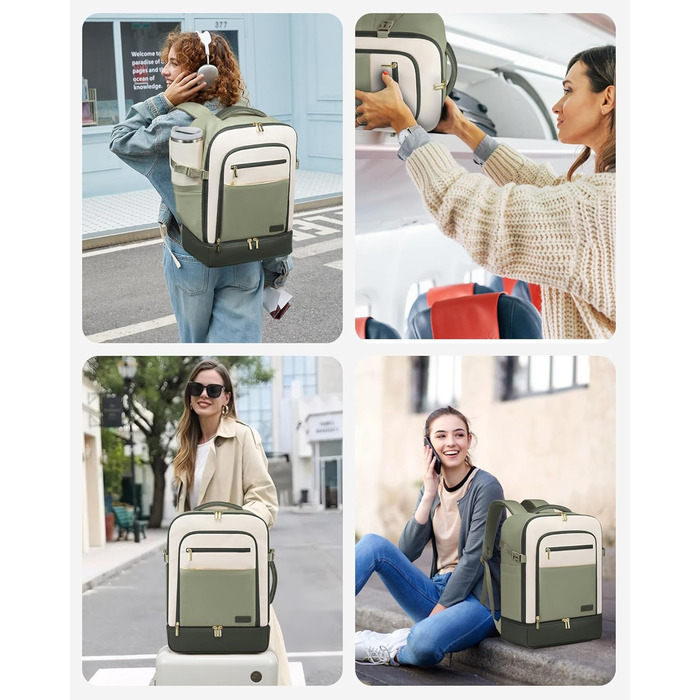 LOVEVOOK Рюкзак для ручної поклажі 40L з окремим відділенням для взуття, жіночий, для подорожей (3 шт.) Бежевий, Зелений