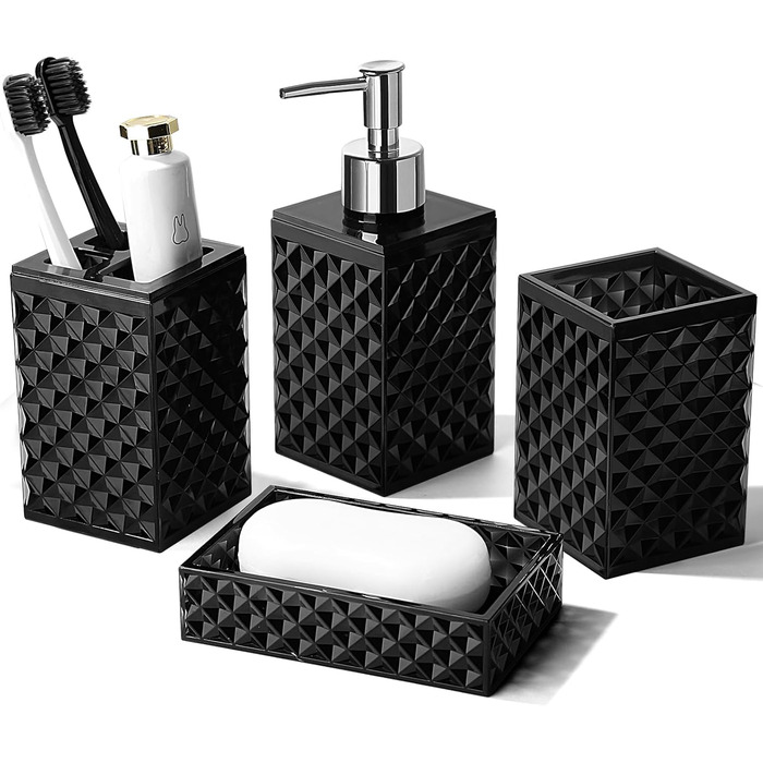 Чорний набір аксесуарів для ванної кімнати, 4 шт. - сучасний декор для ванної кімнати, акриловий дозатор для мила та тримач для зубних щіток
