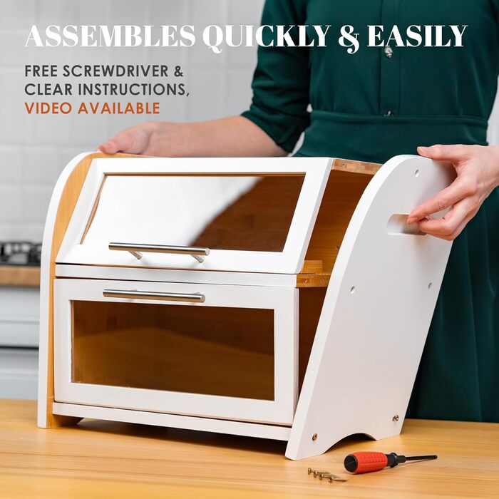 Бредониця Arise з вентиляцією, велика для зберігання хліба, 2 полиці та вікно, дерев'яна для хліба, булок, зберігання. 40 x 26 x 37, бамбук White, самостійна збірка