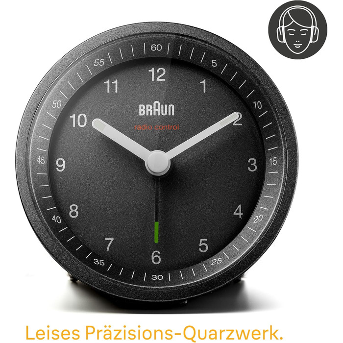 Classic analog radio alarm clock by Braun for the Central European Time Zone (CET/GMT+1) with snooze function and light, quiet movement, crescendo alarm in black, model BC07B-DCF