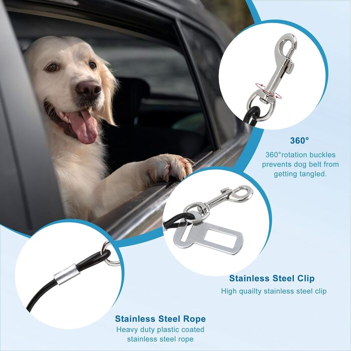 Автомобільний ремінь безпеки для собак Mogoko Kaufester: не гризеться, з нержавіючої сталі, з подвійним кріпленням та фіксатором (40,6 см, 16 дюймів)