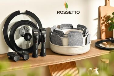 Набір посуду ROSSETTO 23 предмета з знімними ручками та керамічним антипригарним покриттям, складається для зберігання. Включає: каструлі, сковорідки, сотейники, казани. Без PFOA та PFOS.