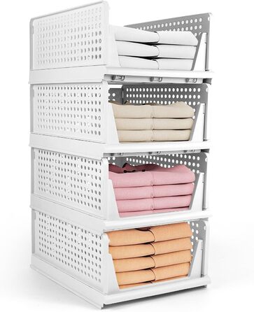 Diealles Stackable Drawer Boxes, 4 Pack Closet Organizer Pull Out, Plastic Drawer Organizer Closet, Foldable Closet Drawers for Clothes Closet Pantry (White)