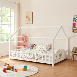 en.casa Kinderbett Sisimiut House Bed 70 x 140 cm with Side Rails, Wooden Bed for Children, Floor Bed, Slatted Frame, Pine Wood, Matt White, 70x140 cm