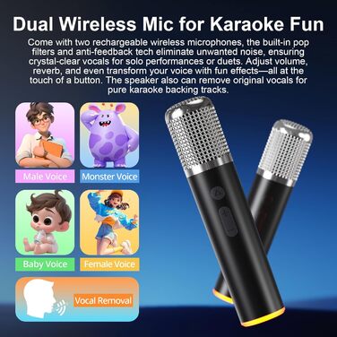 Портативна Bluetooth-колонка караоке з 2 бездротовими мікрофонами, RGB-підсвічуванням, регулюванням високих та низьких частот, ефектами голосу, AUX/USB/TF/OTG, 6.5 мм роз'єм, для вечірок (білий/чорний)