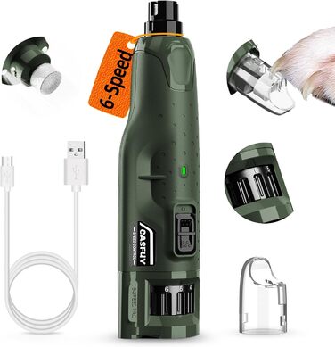 Електричний точило для собачих кігтів Casfuy - 6 режимів, 2 LED, для великих, середніх та маленьких собак. З захистом від пилу (білий, армійний зелений)