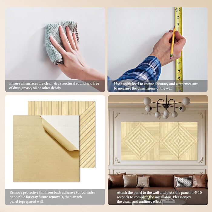 Акустичні панелі JBER, самоклеючі звукопоглинаючі стінові панелі для офісу, студії та дому, 6 шт, 180 x 120 см, колір білий віск/тик