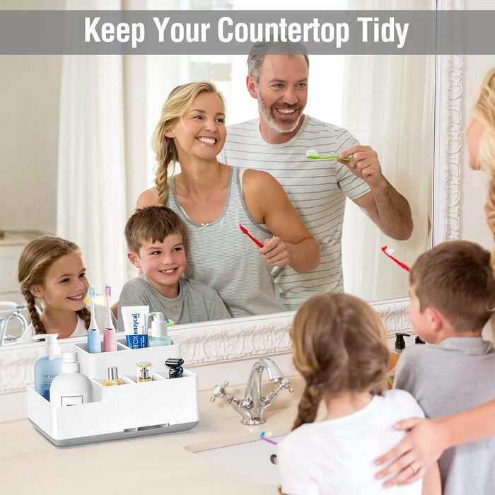 Тримач для зубних щіток, органайзер для ванної кімнати з 6 відділеннями, з піддоном для води, для електричних та звичайних зубних щіток, бежевий