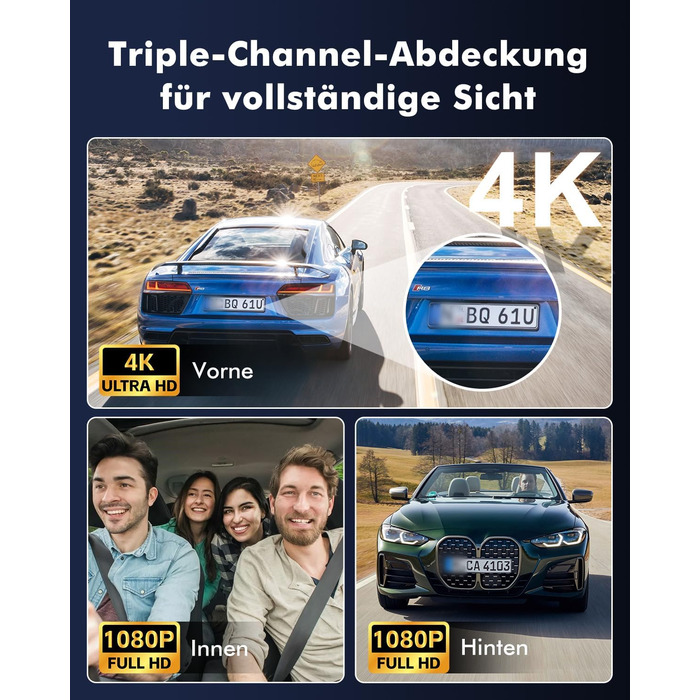 Відеореєстратор для авто 3-Kanal 4K UHD + Full HD (передня 170°, задня 140°, внутрішня 140°) з GPS, WiFi 6, нічним баченням HDR/WDR, 24/7 паркування, 64GB карта пам'яті