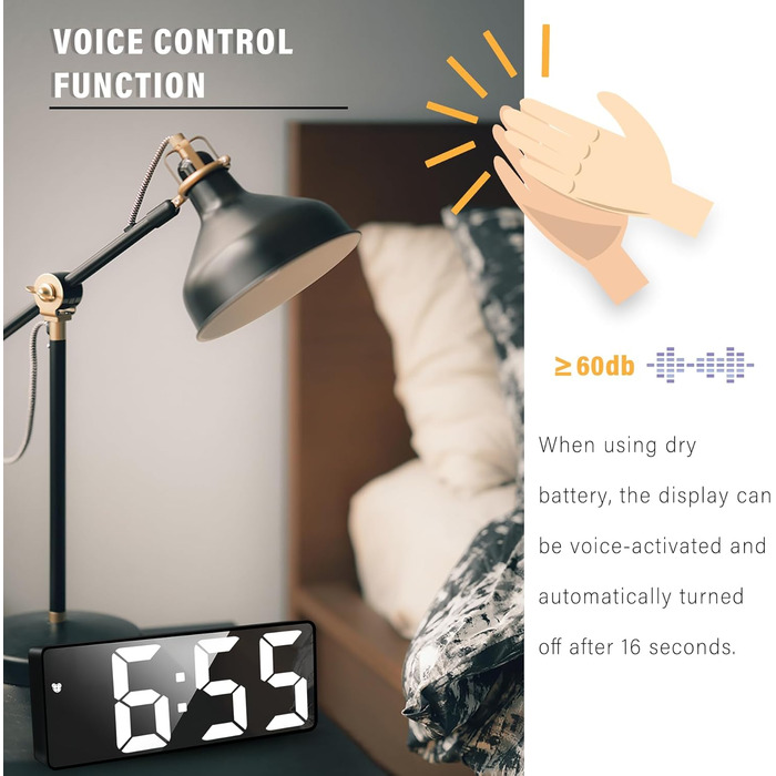 Цифровий будильник JQGO з LED дисплеєм, USB-кабель, регулювання яскравості, показник температури, функція відкладання, голосове керування, для спальні (білий/чорний)