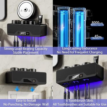 Wall-Mounted Toothbrush Holder, Smart Cleaner Case with Drying and Cleaning, Toothbrush Holder with 6 Toothbrush Slots, Multifunctional Toothbrush Holder with 3 Cups for Bathroom (Black)