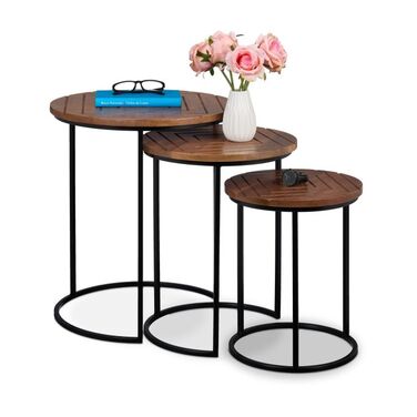 Relaxdays Side Table Set of 3, Mango Wood & Metal