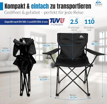 LINUMA® 2 шт. Складний стілець для риболовлі та кемпінгу - чорний, з підстаканником та сумкою для перенесення. Стілець для відпочинку, саду, риболовлі.