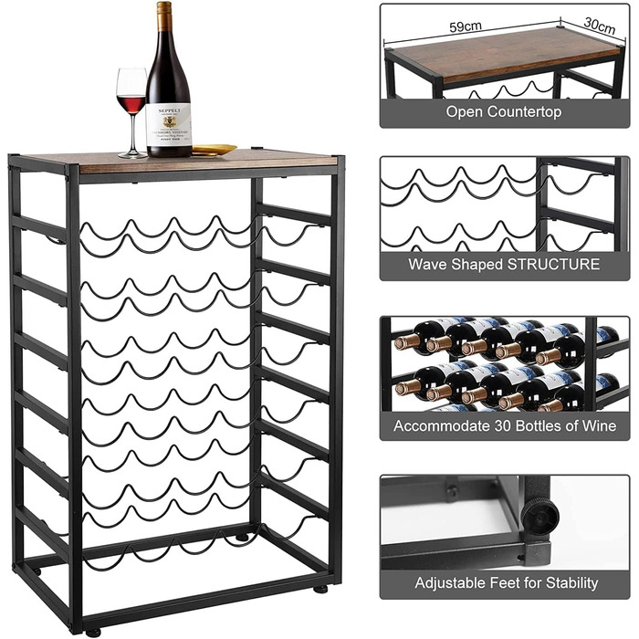 Dripex Wine Rack for 30 Bottles, Bottle Shelf with 6 Tiers, Vintage Metal Wine Stand for Cellar, Bar, and Storage Room, Bottle Holder with Tabletop 59 x 30 x 88 cm, Vintage Brown-Black