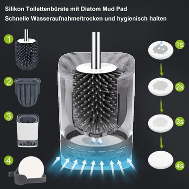 Силіконова щітка для унітазу Glowbal з контейнером, швидковисихаюча, для ванної кімнати, монтаж на стіну та стоячи, білий/сірий колір