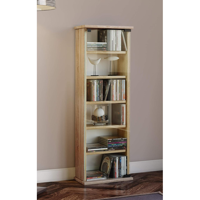 CD/DVD стелаж VCM Regal Holz Vetro із скляними дверцятами, для 150 CD або 65 DVD, колір - sonoma-дуб, 92x31x18 см, стильний стоячий органайзер для дисків Blu-ray, компакт-дизайн