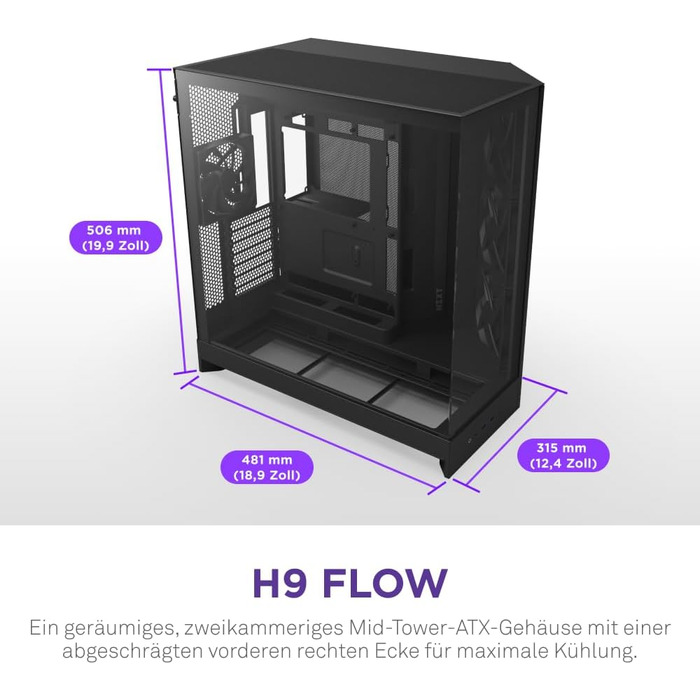 Корпус ПК NZXT H9 Flow 2025 – великий Mid-Tower з двома камерами, чорний – 3 x 140мм та 1 x 120мм вентилятори, підтримка радіатора 420мм, загартоване скло, Back-Connect