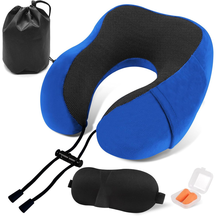 Подушка для шиї у вигляді звірка Memory Foam для подорожей на літаку/автомобілі, з чохлом, берушами та маскою для сну (Блакитна)
