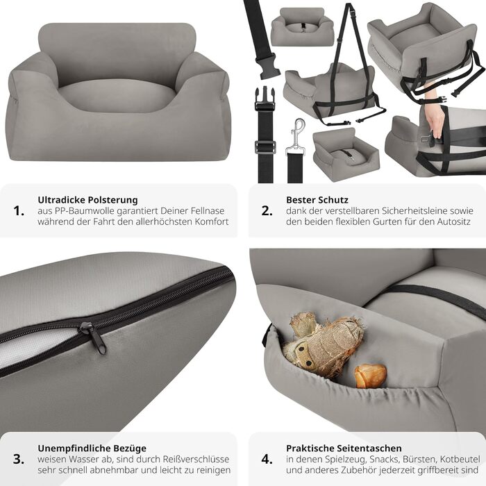 Автокрісло для собак tectake®: зручне автоліжко для собак з підсумком, 55 x 50 x 29 см, сіре