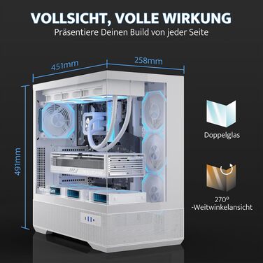 Ігровий корпус darkFlash LAND451 Midi Tower ATX (Білий) — підтримка BTF-материнських плат, вертикальна установка відеокарти RTX 5090 (до 420мм), Type-C, підтримка двох 360мм СРО, панорамний огляд