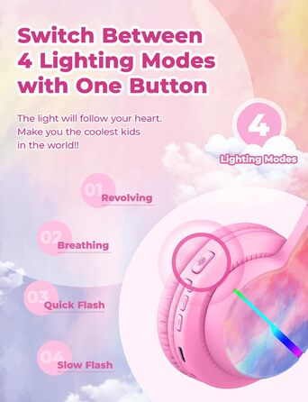 iClever Бездротові навушники для дітей з LED-підсвіткою, Over-Ear, Bluetooth 5.2, мікрофон, BTH12 (Tie-dye рожевий)