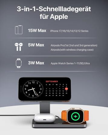 Бездротова зарядка 3-в-1 з Qi2.2 25W для Apple Watch та iPhone (MagSafe) + Адаптер 35W (Чорний)