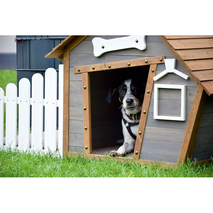 Будка для собак 'Hubi' Dobar® - Будка для собак з масивного дерева, розмір L, 90x77x109 см, коричнево-сіра