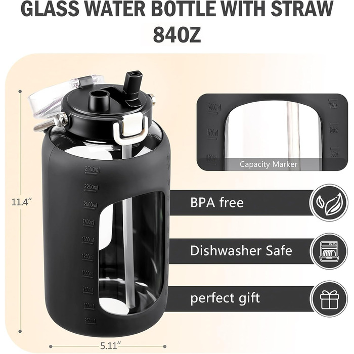 BLUEGO 2500ml Glass Water Bottle with Stainless Steel Handle, 2.5L Large Water Bottle with Time Markings and Silicone Sleeve, Half Gallon Water Jug BPA-Free for Sports Daily Use, Light Green (Black)