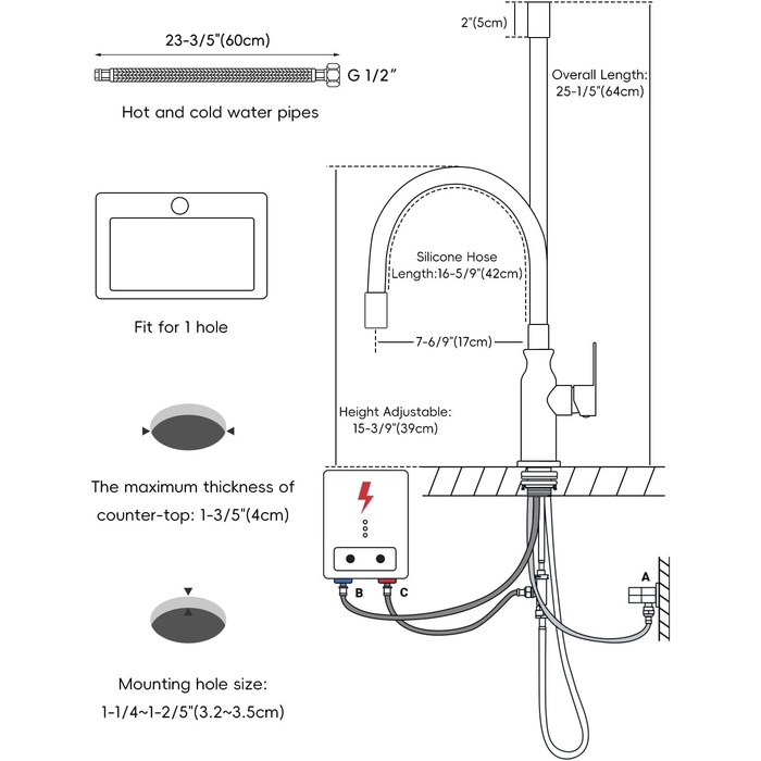 Кран кухонний APPASO 3-х ходовий чорний, 3 в 1 з фільтром, 360° поворотний, 2 ручки, нержавіюча сталь, низький тиск