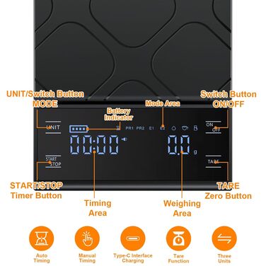 Міні ваги для кави HONPHIER з таймером, 5 кг/0,1 г, LED-дисплей, сенсорне керування, чорний