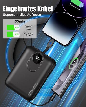 Power Bank 20000mAh з інтегрованим кабелем: швидка зарядка 22.5W, USB C (вхід та вихід), акумулятор для телефону, повербанк з 4 виходами та 2 входами, білий/чорний