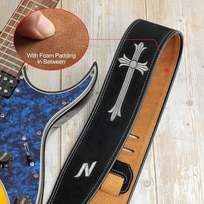 Гітарний ремінь Nefelibata з вишивкою 'n', 2.7', з двошарової баварської шкіри, з м'якою підкладкою, для акустичної, бас та електрогітари (хрест)