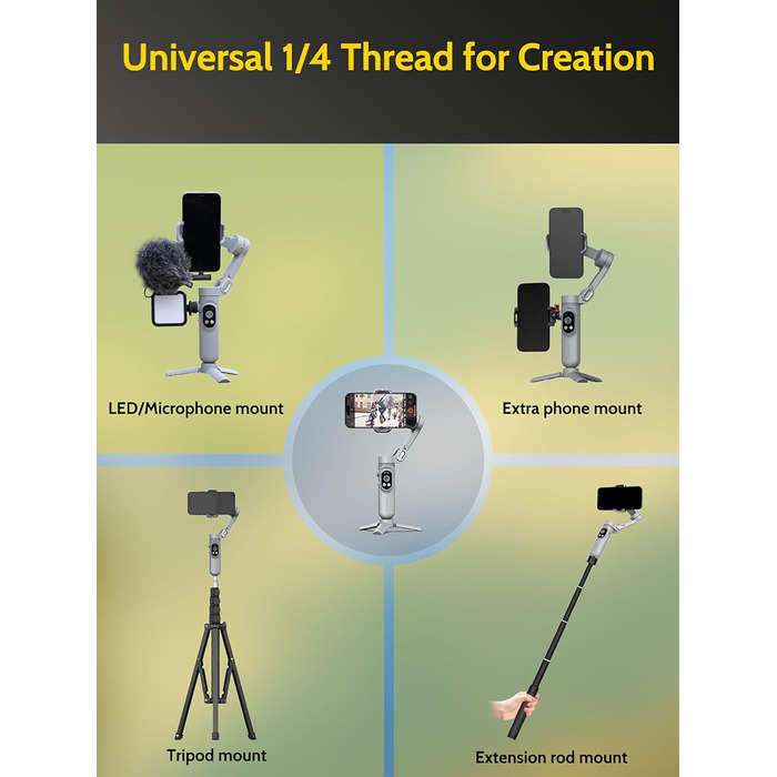 Стабілізатор для смартфона AOCHUAN з 3 осями, з функцією розпізнавання облич, вбудованим світлом, 1/4
