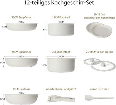 Набір посуду Sweetcrispy 12 предметів з антипригарним покриттям: каструлі (18/20 см), сковороди (20/26 см, 26 см) зі знімними ручками, для індукції та духовки, бежевий