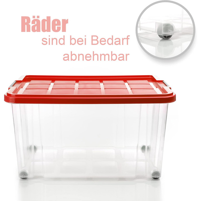 BigDean 4-Piece 60L Storage Box with Lid Large Steel - Stackable, Robust Box, BPA-Free - Rollable Stack Box with Secure Click Closures - Made in Germany (Red Transparent)