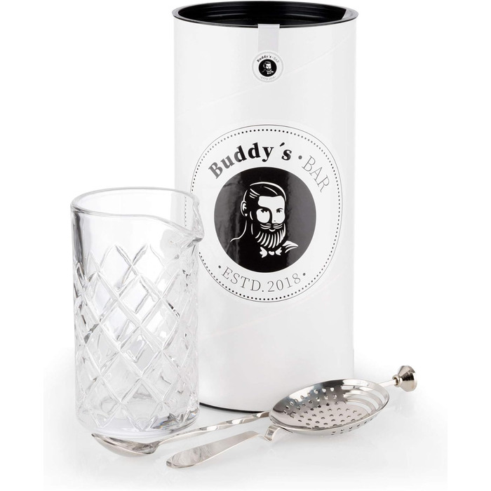 Buddy's Bar - Mixing Set, Mixing Glass 500 ml, heavy-duty quality, 27 cm bar spoon, strainer/bar sieve, stainless steel highly polished, food-safe, dishwasher-safe, bar set including gift box