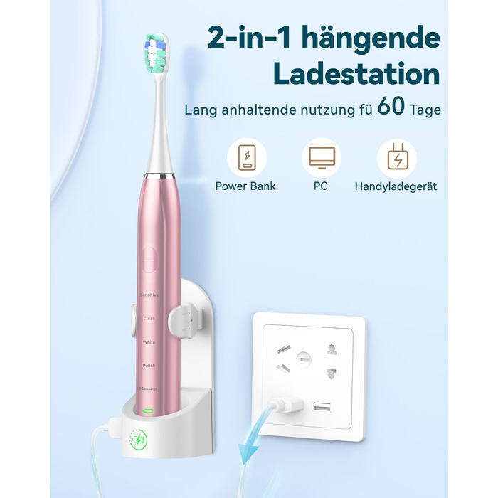 Електрична звукова зубна щітка для дорослих Roségold з відбілюючим ефектом - 8 насадок, 5 режимів, кейс для подорожей та зарядний пристрій