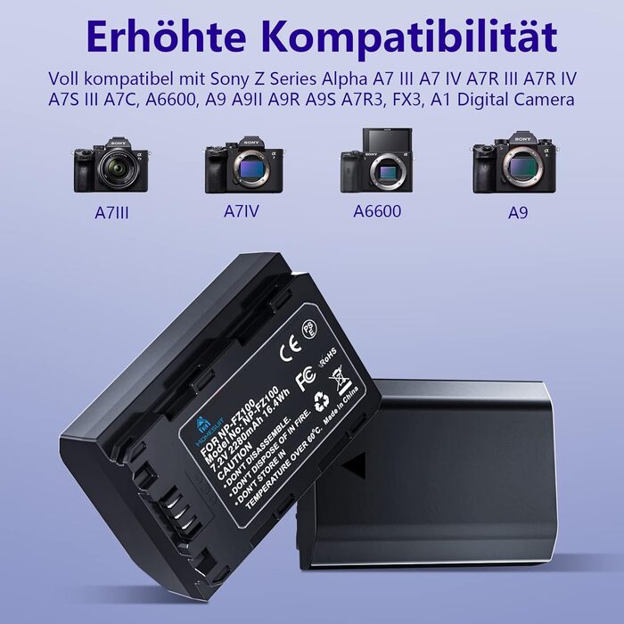 Акумулятор NP-FZ100 Homesuit 2280mAh + Двопортове зарядне пристрій LED для Sony ZV-E1, FX3, FX30, A7RIII, A7RV, A7RIV, A7SIII, A7III, A7IV, A7C, A7CII, A6600, A6700, Alpha A1, A9, A9II, A9III, 9R, A9R, 9S (2 шт.)