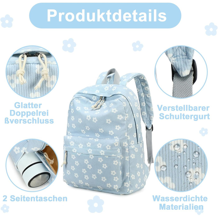 Шкільний рюкзак LEDAOU для хлопчиків та дівчаток-підлітків, білий з ромашками, чорний, блакитний (95)