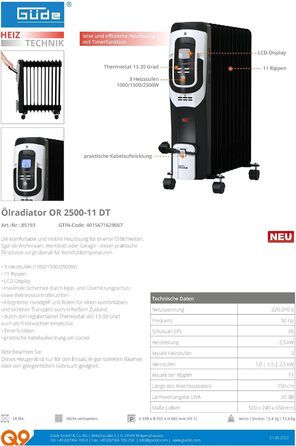 Радіатор масляний Güde OR 1500-7, 1500 Вт, 7 ребер, термостат, захист від перегріву, чорний