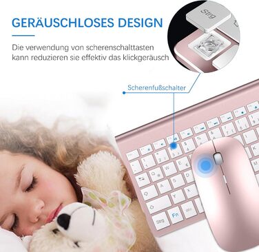 Комплект клавіатури та миші TopMate 2.4G Ultra Slim: тиха клавіатура з перемикачами Schissschalter та миша 2400DPI USB, з чохлом та батарейками AA/AAA, для ПК/ноутбука/Windows/Mac (Рожеве золото, Білий)